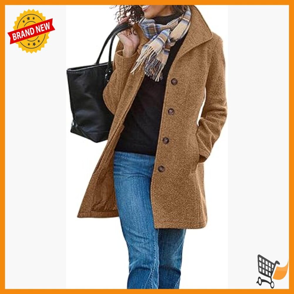 Women's Wool Blend Trench Coat Long Sleeve Pea Coat Loose Fit Overcoat